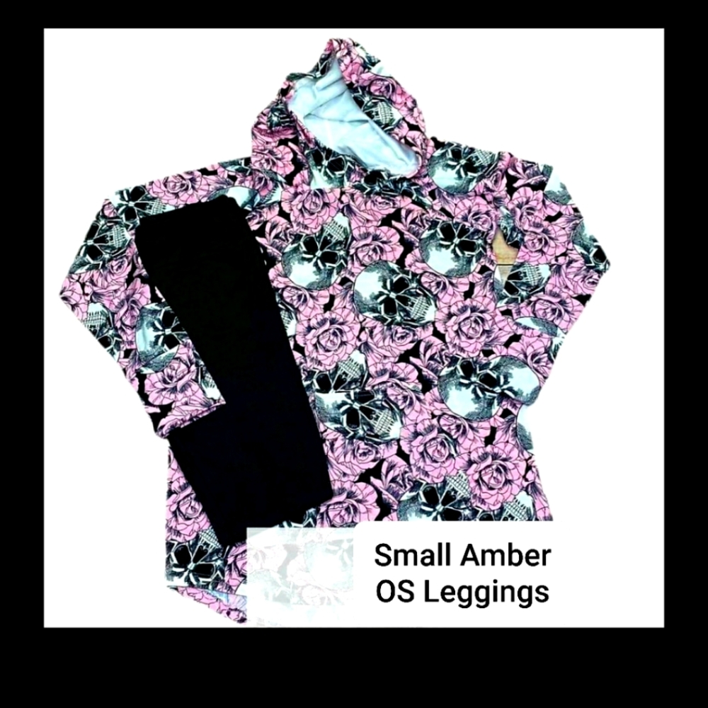 Lularoe Small Rose's Skull Amber hoodie and Os Black Leggings Nwot